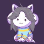  1:1 ahoge clothed clothing dot_eyes grey_hair hair mammal multi_ear pawpads simple_background sitting solo striped_shirt tem temmie_(undertale) undertale video_games white_body 