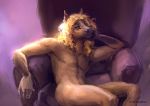  anthro armchair blonde_hair blue_eyes chair digital_media_(artwork) equid equine fur furniture glistening glistening_body golden_wing hair horse light long_hair looking_at_viewer male mammal nude saterina simple_background smile solo sunlight white_body white_fur 