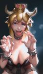 1girl blonde_hair blue_eyes blush bo_xun_lin bowsette bracelet breasts cleavage close-up collar collarbone eyebrows fangs genderswap genderswap_(mtf) highres jewelry large_breasts long_hair looking_at_viewer mario_(series) new_super_mario_bros._u_deluxe open_mouth sidelocks smile solo spiked_bracelet spiked_collar spikes super_crown teeth tongue tongue_out 