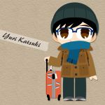  1boy black_hair blue-framed_eyewear blue_scarf brown_eyes character_name coat glasses hat highres kaorin_minogue katsuki_yuuri male_focus scarf smile suitcase yuri!!!_on_ice 