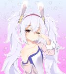  1girl absurdres animal_ears azur_lane bangs blush brown_eyes bunny_ears camisole closed_mouth collarbone commentary_request eyebrows_visible_through_hair hair_between_eyes hair_ornament hairband hand_up highres jacket laffey_(azur_lane) long_hair long_sleeves looking_at_viewer off_shoulder open_clothes open_jacket outline pink_jacket poppypilf red_hairband rubbing_eyes sidelocks silver_hair solo strap_slip twintails upper_body very_long_hair white_camisole white_outline 