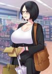  1girl absurdres bag bangs black_cardigan black_hair black_pants blurry blurry_background blush bracelet breasts cardigan cleavage collarbone convenience_store glasses grey_eyes handbag highres holding holding_umbrella indoors jewelry large_breasts lulu-chan92 open_cardigan open_clothes open_mouth original pants parted_bangs shirt shop shopping_bag short_hair standing umbrella wallet white_shirt 
