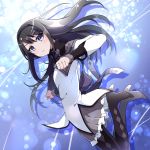  1girl akemi_homura black_hair black_hairband blurry blush boots capelet clenched_hands closed_mouth commentary_request depth_of_field eyebrows_visible_through_hair eyelashes floating_hair grey_capelet grey_skirt hair_between_eyes hairband high_heel_boots high_heels highres long_hair looking_at_viewer mahou_shoujo_madoka_magica pleated_skirt pon_yui purple_eyes shiny shiny_hair shirt skirt solo white_shirt 