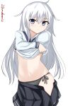  black_panties blue_eyes hibiki_(kantai_collection) kantai_collection long_hair navel panties school_uniform serafuku shirt side-tie_panties signature simple_background skirt underwear undressing white_hair yamazasan 