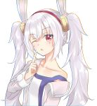  1girl absurdres animal_ears azur_lane bangs bunny_ears chromatic_aberration eyebrows_visible_through_hair fake_animal_ears finger_to_mouth highres jacket laffey_(azur_lane) long_hair long_sleeves looking_at_viewer off_shoulder one_eye_closed open_clothes open_jacket pink_jacket poppypilf red_eyes silver_hair simple_background solo strap_slip twintails upper_body white_background 