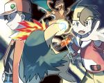  2boys backwards_hat badge bangs baseball_cap black_hair blue_eyes charizard closed_mouth commentary_request donnpati fire gen_1_pokemon gen_2_pokemon gold_(pokemon) hat jacket multiple_boys open_mouth pokemon pokemon_(creature) pokemon_(game) pokemon_gsc red_(pokemon) red_jacket short_hair short_sleeves spread_fingers teeth tongue typhlosion 