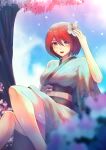  1girl :d boiling_bolt cherry_blossoms ctiahao english_commentary flower green_eyes hair_between_eyes hair_flower hair_ornament highres japanese_clothes june_(boiling_bolt) kimono obi open_mouth red_hair sash short_hair sitting smile solo spring_(season) thighs 