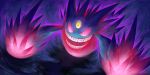  commentary_request gen_1_pokemon gengar ghost glowing grin mega_gengar mega_pokemon mk_(mikka) no_humans open_mouth pokemon pokemon_(creature) smile solo teeth third_eye 