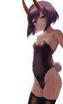  1girl absurdres animal_ears bare_shoulders black_legwear breasts bunny_ears bunny_tail bunnysuit cleavage clenched_teeth collarbone eyebrows_visible_through_hair fang fate/grand_order fate_(series) gadeung_hye highres horns oni oni_horns pink_eyes purple_eyes red_horns short_hair shuten_douji_(fate/grand_order) simple_background small_breasts smile solo tail teeth thighhighs thighs white_background 