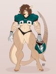  3:4 abs anthro baja_(nasusbot) biceps breasts clothed clothing feet female fish football_helmet football_uniform gloves green_eyes handwear looking_at_viewer marine muscular muscular_anthro nasusbot non-mammal_breasts panties scalie shark simple_background solo standing thick_tail thick_thighs under_boob underwear wide_hips 