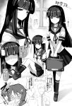  2boys 2girls ai_takurou bag bangs blunt_bangs blush eyebrows_visible_through_hair faceless faceless_male greyscale hatsuyuki_(kantai_collection) holding holding_bag juice_box kantai_collection long_hair miyuki_(kantai_collection) monochrome multiple_boys multiple_girls multiple_views o_o pleated_skirt sailor_collar school_bag school_uniform serafuku shaded_face short_hair short_sleeves sitting skirt socks sparkle spitting standing translated window 