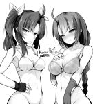  2girls ahoge ai_takurou bangs blush bra braid breasts cleavage elbow_gloves eyebrows_visible_through_hair fingerless_gloves flying_sweatdrops gloves greyscale hair_ribbon hand_on_hip hand_on_own_chest kagerou_(kantai_collection) kantai_collection large_breasts long_hair medium_breasts mole mole_on_breast mole_under_mouth monochrome multiple_girls navel no_panties nose_blush ribbon simple_background single_braid sweat twintails underwear yuugumo_(kantai_collection) 