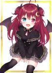  1girl absurdres ahoge black_legwear commentary_request crescent crescent_hair_ornament demon_horns demon_wings gothic_lolita hair_ornament heterochromia highres horns lolita_fashion long_hair looking_at_viewer nijisanji open_mouth red_hair simple_background sitting solo thighhighs virtual_youtuber wings yuzuki_roa 