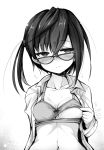  1girl ai_takurou bangs blush bra closed_mouth eyebrows_visible_through_hair flying_sweatdrops glasses greyscale kantai_collection monochrome navel okinami_(kantai_collection) open_bra open_clothes open_shirt remodel_(kantai_collection) shirt short_hair simple_background solo sweat underwear upper_body 