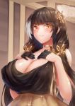  1girl bangs black_gloves black_hair blunt_bangs blush breast_suppress breasts choker cleavage dress eyebrows_visible_through_hair girls_frontline gloves hair_ornament half_gloves heterochromia highres huge_breasts long_hair looking_at_viewer low_twintails mingke multicolored_hair red_eyes ribbon_choker ro635_(girls_frontline) smile solo sparkle streaked_hair twintails white_hair yellow_eyes 