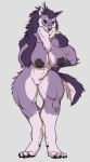  anthro areola audunor big_breasts breasts canid canine canis chest_tuft female genitals grey_background mammal nipples nude purple_body pussy scar simple_background solo tuft wolf 