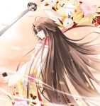  1girl ahoge brown_hair cowboy_shot fate/grand_order fate_(series) flower japanese_clothes kara_no_kyoukai katana kimono long_hair muwon ryougi_shiki solo sword unsheathed weapon wide_sleeves 