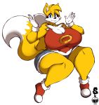  2020 absurd_res anthro big_breasts blue_eyes bottomwear breasts canid canine cleavage clothed clothing female footwear fox fur gloves hair handwear hi_res looking_at_viewer mammal miles_prower multi_tail shirt shoes shorts simple_background smile solo sonic_the_hedgehog_(series) superix thick_thighs topwear video_games white_background white_body white_fur yellow_body yellow_fur 