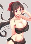  1girl bangs bikini black_bikini breasts brown_hair cleavage collarbone dated eyebrows_visible_through_hair frilled_bikini frills hair_ribbon kantai_collection large_breasts long_hair looking_at_viewer mamiya_(kantai_collection) mokerou navel open_mouth outline purple_eyes ribbon simple_background smile solo swimsuit twitter_username white_outline 