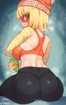  1girl arms_(game) artist_name ass blonde_hair cameltoe commentary_request from_behind green_eyes hat highres jtveemo looking_at_viewer looking_back mask min_min_(arms) orange_shirt self_shot shirt short_hair smile solo tank_top thighs twitter_username 