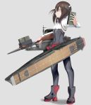  1girl bangs black_legwear boots bow_(weapon) breasts brown_eyes brown_hair crossbow flight_deck fujibejifu full_body grey_background headband headgear holding kantai_collection long_sleeves pantyhose red_skirt rigging short_hair simple_background skirt small_breasts smile solo standing taihou_(kantai_collection) weapon 