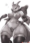  2019 angry anthro armwear big_breasts breasts choker clothed clothing curvy_figure digital_media_(artwork) female genitals girlsay greyscale hi_res jewelry legendary_pok&eacute;mon legwear looking_at_viewer mewtwo monochrome necklace nintendo nipples pok&eacute;mon pok&eacute;mon_(species) pussy ribbons simple_background solo squish thick_thighs thigh_highs thigh_squish video_games voluptuous wide_hips 