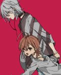  1boy 1girl accelerator age_difference ahoge black_choker blush brown_eyes brown_hair choker earbuds earphones eyes_visible_through_hair grey_hair holding holding_hands ihako last_order looking_down open_mouth parted_lips red_background red_eyes short_hair simple_background smile to_aru_majutsu_no_index 