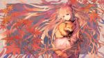  1girl animal autumn_leaves floating_hair fox highres holding holding_animal inunoya leaf long_hair long_sleeves looking_at_viewer maple_leaf original parted_lips pink_hair plant solo upper_body 