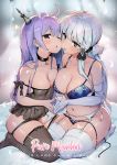  2girls :p ;o ahoge asymmetrical_docking azur_lane backlighting bangs black_legwear black_panties blue_bra blue_eyes blue_panties bra breast_press breasts cheek-to-cheek choker commentary_request elbow_gloves eyebrows_visible_through_hair gloves illustrious_(azur_lane) large_breasts long_hair medium_breasts mole mole_under_eye multiple_girls one_eye_closed panties panty_pull purple_eyes purple_hair pyz_(cath_x_tech) seiza side-tie_panties sidelocks sitting strap_slip string_panties thighhighs tongue tongue_out unaligned_breasts underwear underwear_only unicorn_(azur_lane) untied untied_panties white_gloves white_hair white_legwear 