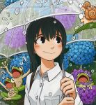  1girl animal black_eyes black_hair blue_flower blush dated day flower frog holding holding_umbrella hydrangea kohei_nakaya leaf long_hair long_sleeves musical_note original outdoors parasol purple_flower rain shirt signature smile snail umbrella water_drop white_shirt 