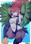 1girl armpits arms_up bangs blue_background breasts cleavage covered_nipples duel_monster feathered_wings green_eyes green_feathers harpie_lady harpie_lady_#1 highres knee_up long_hair monster_girl navel pointy_ears red_hair ryuusui_arumo sharp_claws sideboob signature solo talons wings yuu-gi-ou 