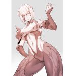  1girl bangs bob_cut breasts covered_navel eyebrows_visible_through_hair from_below green_background looking_at_viewer looking_down medium_breasts monochrome ponzu_(beetle_burner) sepia shinkansen_henkei_robo_shinkalion short_hair skin_tight suzaku_(shinkalion) thick_thighs thighs 