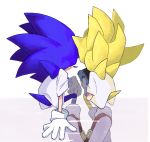  2020 555_pn absurd_res anthro blue_body blue_fur clothing duo eulipotyphlan footwear fur gloves handwear hedgehog hi_res holding_object male mammal nintendo nintendo_switch rear_view shirt shoes simple_background sitting sonic_the_hedgehog sonic_the_hedgehog_(series) square_crossover super_sonic topwear video_games white_background white_clothing white_shirt white_topwear yellow_body yellow_fur 