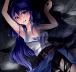  1girl arm_up armpits belt belt_buckle black_pants blue_hair blue_shirt blush breasts brown_belt buckle cleavage collarbone hair_between_eyes jacket kurosaki_ruri long_hair looking_at_viewer lying mugicha_(sukimachaya) on_back open_mouth pants purple_eyes shiny shiny_skin shirt sleeveless sleeveless_jacket small_breasts solo torn_clothes torn_jacket torn_pants torn_shirt very_long_hair white_jacket yuu-gi-ou yuu-gi-ou_arc-v 