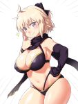  1girl ahoge bangs bare_shoulders bikini black_bikini black_bow black_gloves black_scarf blonde_hair blush bow breasts cleavage closed_mouth fate/grand_order fate_(series) gloves grey_eyes hair_bow hand_on_hip highleg highleg_bikini highres large_breasts looking_at_viewer multi-strapped_bikini navel okita_souji_(fate)_(all) okita_souji_(swimsuit_assassin)_(fate) onsoku_inu scarf short_hair simple_background single_glove smile sparkle swimsuit thighs 