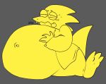  alphys ambiguous_gender anthro belly big_belly blush bodily_fluids buckteeth clothing coat eyewear faysethecat featureless_chest female_(lore) glasses hand_on_stomach hi_res hyper hyper_belly immobile lab_coat morbidly_obese morbidly_obese_ambiguous mostly_nude narrowed_eyes navel obese obese_ambiguous outie_navel overweight overweight_ambiguous reptile scalie simple_background sitting solo squint sweat teeth thick_tail three-quarter_view tongue tongue_out topwear undertale video_games wavy_mouth 
