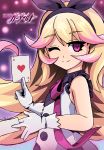  1girl absurdres azure_striker_gunvolt black_hairband blonde_hair card gloves hairband highres long_hair one_eye_closed pantera_(gunvolt) purple_eyes shoutaro_saito sleeveless smile solo white_gloves 