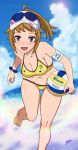  1girl :d aiuchi armband ball bangs bare_shoulders barefoot beach bikini blue_eyes blue_sky blush bracelet brand_name_imitation breasts brown_hair cleavage cloud collarbone commentary_request cowboy_shot day diffraction_spikes groin gundam gundam_build_fighters gundam_build_fighters_try highres holding holding_ball hoshino_fumina jewelry large_breasts looking_at_viewer midriff navel ocean open_mouth ponytail sand sidelocks signature skindentation sky smile solo sports_bikini standing standing_on_one_leg sun sunglasses sweat swimsuit visor_cap volleyball water_drop white_headwear yellow_bikini 