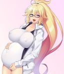  1girl 846-gou absurdres bangs blonde_hair blue_eyes blush breasts cleavage fate/grand_order fate_(series) glasses highres jacket jeanne_d&#039;arc_(fate)_(all) jeanne_d&#039;arc_(swimsuit_archer) large_breasts long_hair long_sleeves looking_at_viewer one-piece_swimsuit open_clothes open_jacket open_mouth ponytail pregnant smile swimsuit very_long_hair white_jacket white_swimsuit 