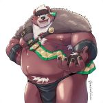  1:1 2020 anthro belly brown_body brown_fur clothing fur hi_res humanoid_hands kemono kimun_kamui_(tas) loincloth male mammal moobs navel nipples omochiwotakusan overweight overweight_male simple_background solo tokyo_afterschool_summoners ursid video_games white_background 