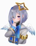  1girl amane_kanata angel_wings armband blue_ribbon blush commentary_request hair_between_eyes hair_ornament higashigure highres hololive looking_at_viewer portrait purple_eyes ribbon school_uniform short_hair silver_hair solo virtual_youtuber white_background wings 