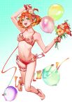  1girl :d ankle_ribbon arm_up armpits balloon bangs bikini blonde_hair bouquet breasts cleavage collarbone flower freyja_wion full_body green_eyes hair_between_eyes hair_flower hair_ornament hair_scrunchie heart heart_hair_ornament highres holding holding_bouquet macross macross_delta multicolored_hair nail_polish navel open_mouth orange_hair pink_nails pink_ribbon pote-mm red_bikini red_flower red_scrunchie ribbon scrunchie shiny shiny_hair shiny_skin short_hair side-tie_bikini small_breasts smile solo swimsuit toenail_polish two-tone_hair white_flower 