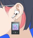  1girl blue_background close-up commentary_request ear earphones earrings english_text flower glasses jewelry media_player original panasonynet purple_flower short_hair solo 