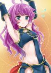  1girl ahoge armpits arms_up bangs blue_eyes blush breasts closed_mouth embarrassed eyebrows_visible_through_hair kirishima_romin long_hair looking_at_viewer midriff navel purple_hair r-binon revealing_clothes shiny shiny_hair small_breasts smile solo standing stomach very_long_hair yuu-gi-ou_sevens 