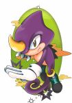  2020 anthro chameleon classic_sonic_(universe) clothing digital_media_(artwork) espio_the_chameleon footwear frown gloves handwear hi_res horn lizard male mennnntaiko pose purple_body purple_skin reptile scalie shoes simple_background solo sonic_the_hedgehog_(series) white_background yellow_horn 
