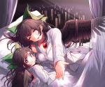  2girls alternate_costume bed black_hair bow breasts cityscape cleavage hair_bow highres kokuu_haruto large_breasts long_hair looking_at_viewer looking_back mother_and_daughter multiple_girls outstretched_arm red_eyes reiuji_utsuho robe touhou under_covers wings younger 