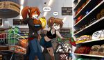  2020 adira_(twokinds) anthro arm_support beverage black_hair blue_eyes bottle bottomwear box breasts brown_hair canid canine chest_tuft chips_(food) cleavage clothed clothing colored conditional_dnp credit_card detailed_background dialogue digital_media_(artwork) domestic_cat duo_focus english_text felid feline felis female food fox fur grey_hair group hair hi_res holding_food holding_object hoodie hybrid inside jewelry kathrin_vaughan keidran lady_nora laura_(twokinds) leaning_on_elbow long_hair mammal market midriff navel necklace pantherine ponytail shopping short_hair shorts smile snow_leopard soda spots spotted_body spotted_fur store text tom_fischbach topwear tuft twokinds url webcomic 