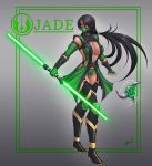  1girl absurdres black_hair boots bracer breasts center_opening character_name cleavage dark_skin detached_sleeves energy_sword english_commentary eyebrows_visible_through_hair fighting_stance fingerless_gloves gloves green_footwear hair_between_eyes hair_tie highres holding holding_weapon jade_(mortal_kombat) jedi karosu_maker lightsaber long_hair looking_to_the_side mask mortal_kombat mouth_mask ninja ponytail saberstaff shuriken signature simple_background solo star_wars sword thigh_boots thighhighs very_long_hair weapon 