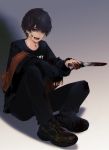  1boy absurdres bishounen black_hair black_jacket black_nails blood blood_on_face bloody_weapon blue_eyes fangs fingernails hair_between_eyes highres holding holding_knife holding_weapon jacket knife male_focus open_mouth original piercing rakugaki_suruhito shoes sitting sleeves_past_wrists sneakers solo teeth tongue tongue_piercing weapon 