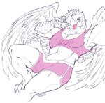  animal_genitalia anthro anthrofied avian beak bird blue_eyes claws clothed clothing fluffy fur genitals hair hi_res male muscular muscular_male open_mouth open_smile simple_background smile solo tongue vipery-07 white_background wings 